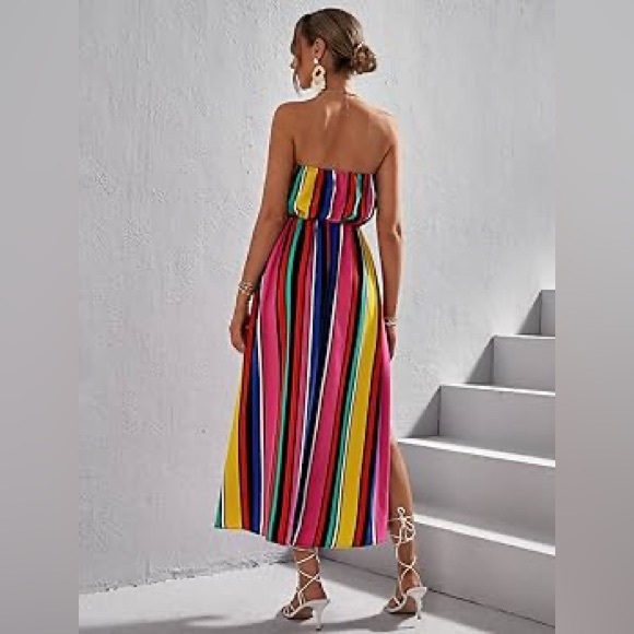 SHEIN Vcay Stipped Tie Front Thigh Split Strapless Dress Multicolored Large - Picture 2 of 5